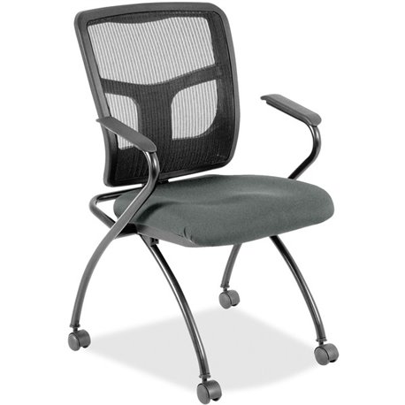 Lorell Mesh Back Nesting Training/Guest Chairs - Expo Fog Fabric Seat - Powder Coated Metal Frame - Four-legged Base - Black - M