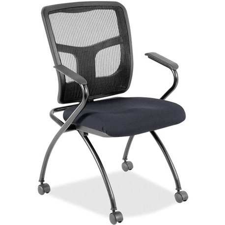 Lorell Mesh Back Nesting Training/Guest Chairs - Fuse Azurean Fabric Seat - Powder Coated Metal Frame - Four-legged Base - Black