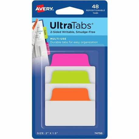 Avery 2" Multi-use Ultra Tabs - 48 Tab(s) - 1.50" Tab Height x 2" Tab Width - Clear Film, Neon Pink Paper, Neon Green, Neon Oran