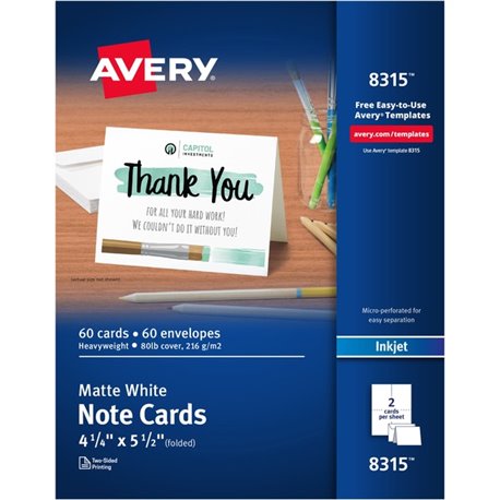 Avery Note Cards - 97 Brightness - 5 1/2" x 4 1/4" - Matte - 60 / Box - Heavyweight, Smooth Edge - White