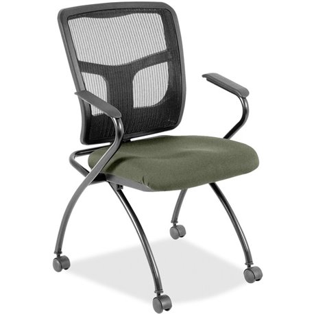 Lorell Mesh Back Nesting Training/Guest Chairs - Shire Sage Fabric Seat - Powder Coated Metal Frame - Four-legged Base - Black -