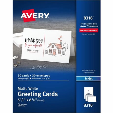 Avery Half-fold Greeting Cards - 97 Brightness - 8 1/2" x 5 1/2" - Matte - 30 / Box - Perforated, Heavyweight, Rounded Corner - 