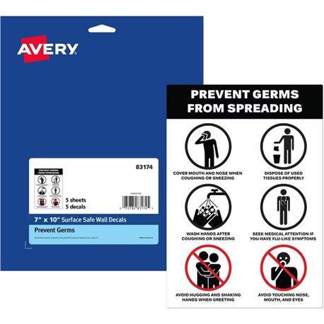 Avery Surface Safe PREVENT GERMS Wall Decals - 5 / Pack - Prevents Germs from Spreading Print/Message - 7" Width x 10" Height - 