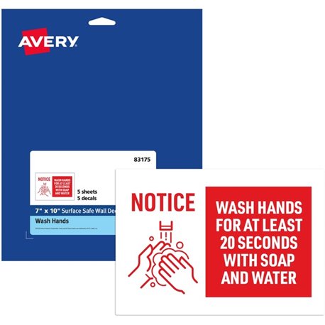 Avery Surface Safe NOTICE WASH HANDS Wall Decals - 5 / Pack - Wash Hands for at Least 20 Seconds Print/Message - 7" Width x 10" 