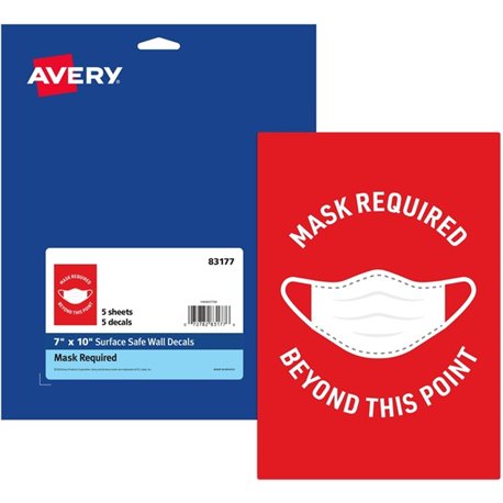 Avery Surface Safe MASK REQUIRED Wall Decals - 5 / Pack - Mask Required Beyond This Point Print/Message - 7" Width x 10" Height 