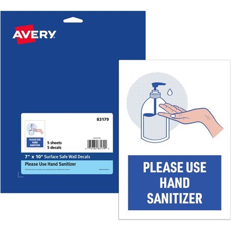 Avery Surface Safe USE HAND SANITIZER Wall Decals - 5 / Pack - Please Use Hand Sanitizer Print/Message - 7" Width x 10" Height -