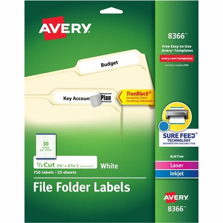 Avery File Folder Labels - 21/32" Width x 3 7/16" Length - Permanent Adhesive - Rectangle - Laser, Inkjet - Matte - White - Pape