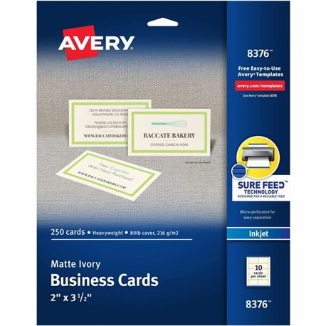 Avery 2" x 3.5" Ivory Business Cards, Sure Feed(TM), 250 (8376) - 79 Brightness - A4 - 8 1/2" x 11" - 80 lb Basis Weight - 216 g