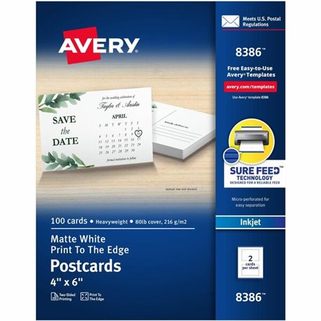 Avery(R) Printable Postcards with Sure Feed Technology, 4" x 6" , Matte White, 100 Blank Postcards for Inkjet Printers (8386) - 