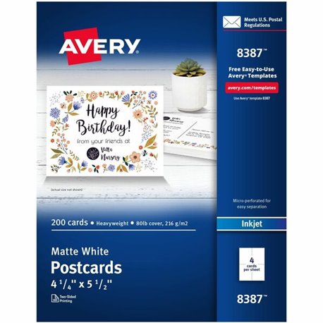 Avery(R) Printable Postcards, 4.25" x 5.5" , Matte White, 200 Blank Postcards for Inkjet Printers (8387) - 97 Brightness - 5 1/2