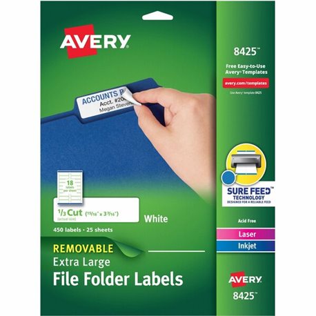 Avery Extra-large TrueBlock Filing Labels - 15/16" Width x 3 7/16" Length - Removable Adhesive - Rectangle - Laser, Inkjet - Mat