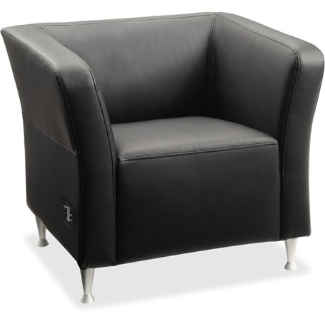 Lorell Fuze Modular Series Square Lounge Chair - Black Leather Seat - Black Leather Back - Brushed Aluminum Frame - High Back - 