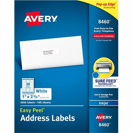 Avery Easy Peel White Inkjet Mailing Labels - 1" Width x 2 5/8" Length - Permanent Adhesive - Rectangle - Inkjet - White - Paper