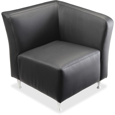 Lorell Fuze Modular Series Left Lounge Chair - Black Leather Seat - Black Leather Back - Brushed Aluminum Frame - High Back - 1 