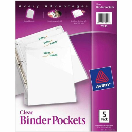 Avery Durable Letter Vinyl File Pocket - 8 1/2" x 11" - 20 Sheet Capacity - 3 Pocket(s) - Polypropylene - Clear - 5 / Pack