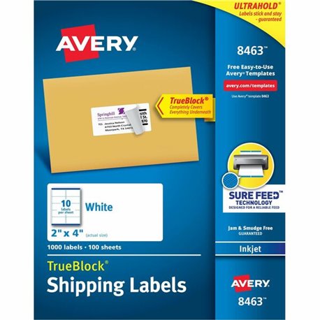 Avery Shipping Labels, Sure Feed, 2" x 4" 1,000 White Labels (8463) - Permanent Adhesive - Rectangle - Inkjet - White - Paper - 