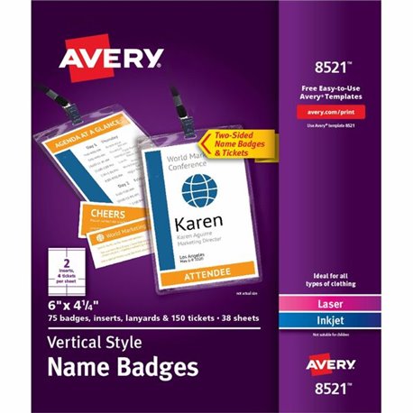 Avery Vertical Name Badges with Tickets Kit for Laser and Inkjet Printers, 4-1/4" x 6" - PVC Plastic - White - 1 / Box