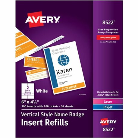 Avery Vertical Name Badge and Ticket Insertsfor Laser and Inkjet Printers - 1 / Box - 4.3" Width - Rectangular Shape - Printable