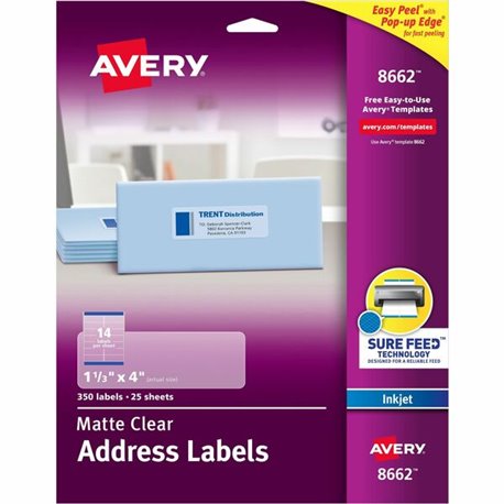 Avery Easy Peel Inkjet Printer Mailing Labels - 1 21/64" Width x 4" Length - Permanent Adhesive - Rectangle - Inkjet - Clear - F