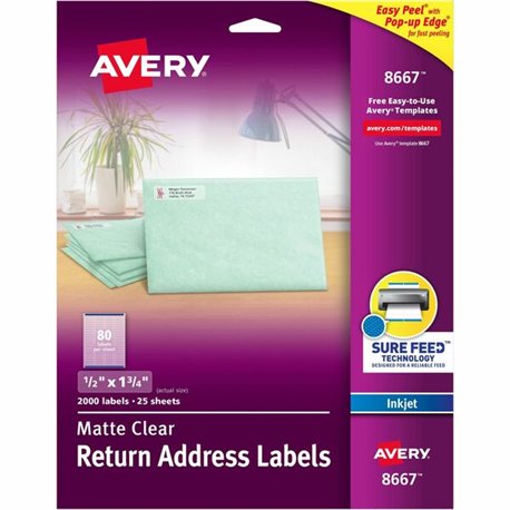 Avery Easy Peel Inkjet Printer Mailing Labels - 1/2" Width x 1 3/4" Length - Permanent Adhesive - Rectangle - Inkjet - Clear - F