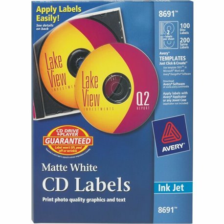 Avery Clear CD/DVD Inkjet Matte Labels - Matte White - 300 Total Label(s) - 100 / Pack