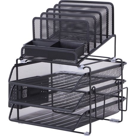 Lorell Divided 4-tier Desktop Organizer - 4 Tier(s) - 15.8" Height x 12.9" Width x 14.4" DepthDesktop - Black - Plastic, Mesh - 