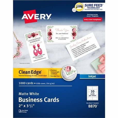 Avery Clean Edge Business Cards - 110 Brightness - 2" x 3 1/2" - 93 lb Basis Weight - 254 g/m&178 Grammage - Matte - 1000 / Box 