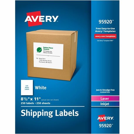 Avery Shipping Address Labels, 250 Labels, Full Sheet Labels, Permanent (95920) - 8 1/2" Width x 11" Length - Permanent Adhesive