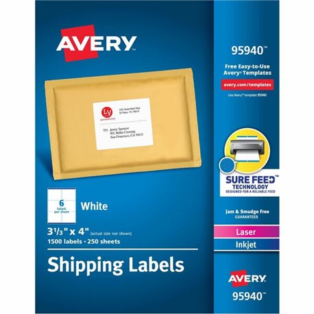 Avery Shipping Labels, Sure Feed, 3-1/3" x 4" , 1,500 Labels (95940) - 3 21/64" Width x 4" Length - Permanent Adhesive - Rectang