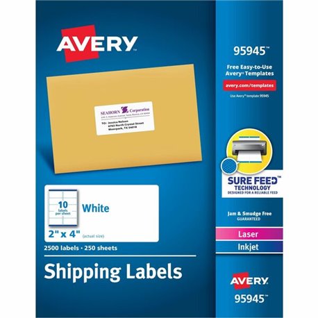 Avery Shipping Labels, Sure Feed, 2"x4" , 2500 Glossy Labels (95945) - 2" Width x 4" Length - Permanent Adhesive - Rectangle - L