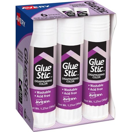 Avery Glue Stic with Disappearing Purple Color - 1.27 oz - 6 / Pack - Purple