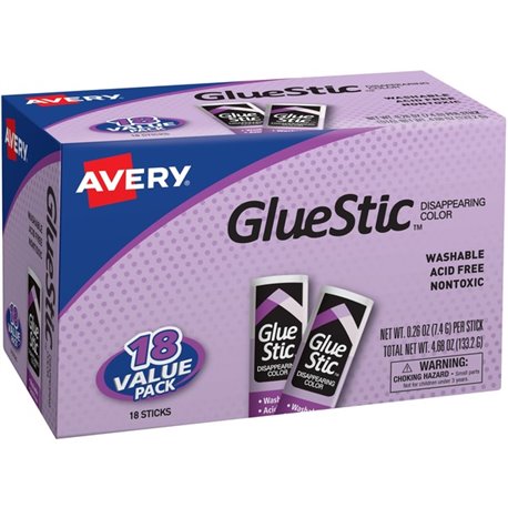 Avery Glue Stic Disappearing Purple Color - 0.26 oz - 18 / Pack - Purple