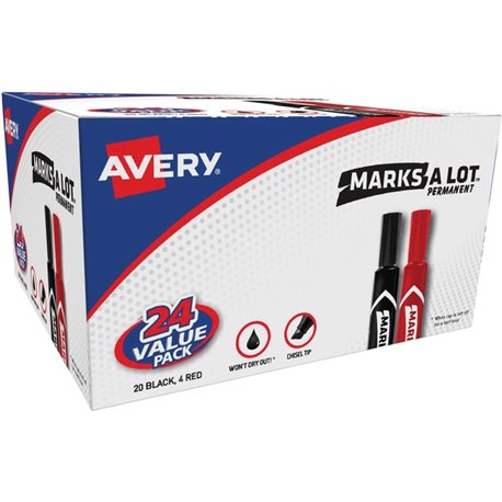 Avery Permanent Markers - 4.7625 mm Marker Point Size - Chisel Marker Point Style - Red, Black - 24 / Box