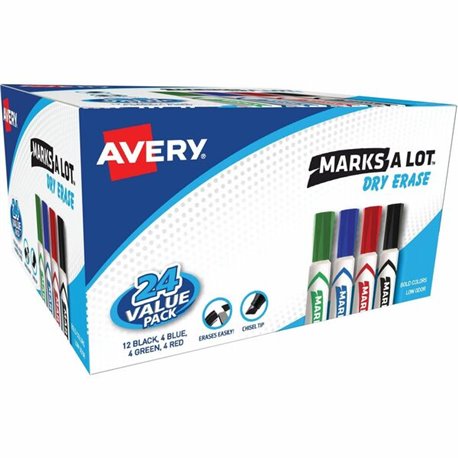 Avery Marks A Lot Desk-Style Dry-Erase Markers - Chisel Marker Point Style - Black, Blue, Green, Red - 24 / Box