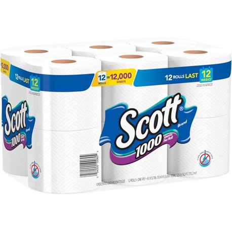 Scott 1000 1-ply 12Roll Bath Tissue - 1 Ply - 3.70" x 4.10" - 1000 Sheets/Roll - White - 12 Each