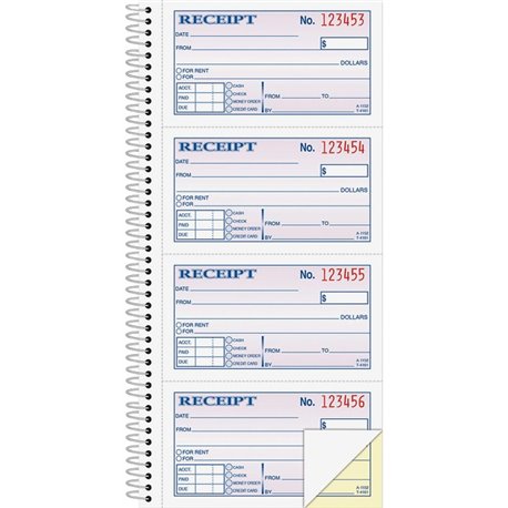 Adams Spiral 2-part Money/Rent Receipt Book - 200 Sheet(s) - Spiral Bound - 2 Part - 11" x 5.25" Form Size - White, Canary - Ass