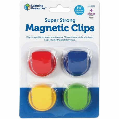 Learning Resources Super Strong Magnetic Clips Set - 1.5" Diameter - 50 Sheet Capacity - for Whiteboard, Folder - 4 / Pack - Ass