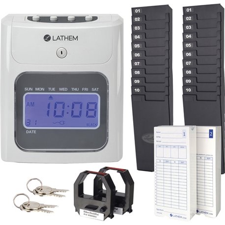 Lathem 400E Top Feed Electronic Time Clock Kit - Card Punch/Stamp - Month, Date, Week, Time, Bi-weekly, Semi-monthly, Month Reco