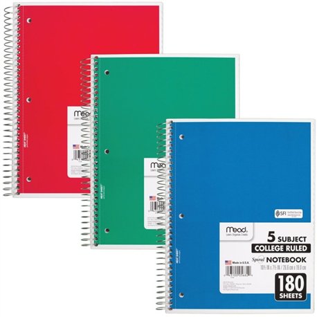 Mead 5-subject Spiral Notebook - 180 Sheets - Wire Bound - College Ruled - 7 1/2" x 10 1/2" - White Paper - Blue, Green, Red Cov