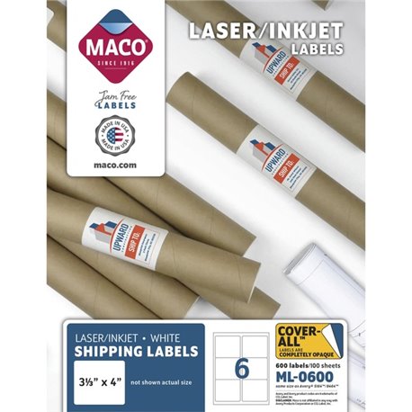 MACO White Laser/Ink Jet Shipping Label - 3 21/64" Width x 4" Length - Rectangle - Laser, Inkjet - White - 6 / Sheet - 600 / Box