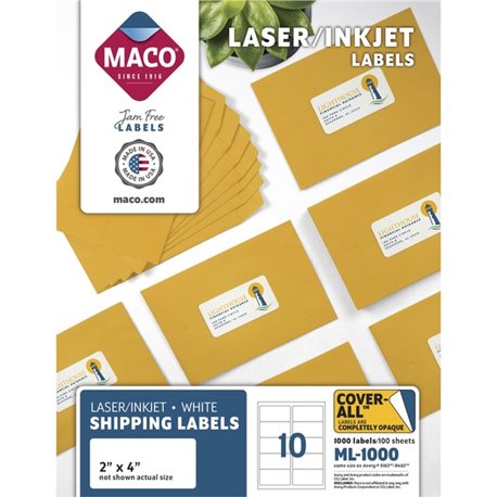 MACO White Laser/Ink Jet Shipping Label - 2" Width x 4" Length - Rectangle - Laser, Inkjet - White - 10 / Sheet - 1000 / Box - L