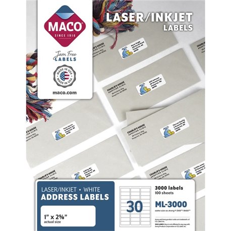 MACO White Laser/Ink Jet Address Label - 1" Width x 2 5/8" Length - Permanent Adhesive - Rectangle - Laser, Inkjet - White - 30 