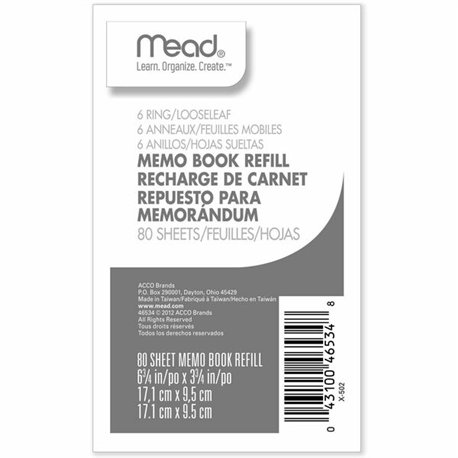Mead Memo Book Refill Pages - 80 Sheets - 3 3/4" x 6 3/4" - White Paper - Assorted Cover - 1 Each