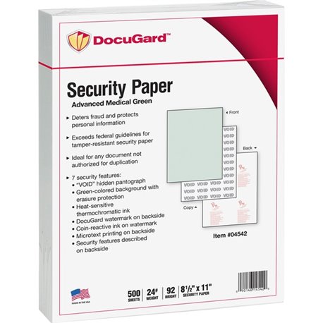 DocuGard Advanced Medical Security Paper - Letter - 8 1/2" x 11" - 24 lb Basis Weight - 500 / Ream - Tamper Resistant, Erasure P