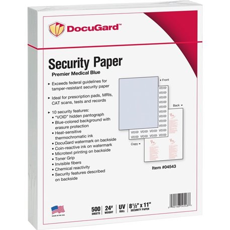 DocuGard Premier Security Paper for Printing Prescriptions & Preventing Fraud, 10 Features - Letter - 8 1/2" x 11" - 24 lb Basis