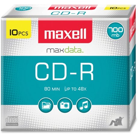 Maxell CD Recordable Media - CD-R - 40x - 700 MB - 10 Pack Slim Jewel Case - 120mm - 1.33 Hour Maximum Recording Time