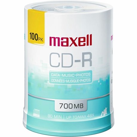 Maxell CD Recordable Media - CD-R - 48x - 700 MB - 100 Pack Spindle - White - 120mm - Single-layer Layers - Printable - Inkjet, 