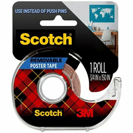 Scotch Removable Poster Tape - 12.50 ft Length x 0.75" Width - 1" Core - Synthetic - Dispenser Included - Handheld Dispenser - F