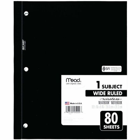 Mead 05222 1-Subject Wireless Notebook - 80 Sheets - Ruled Margin - 8" x 10 1/2" - White Paper - Green, Blue, Red, Light Blue Co