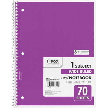 Mead Wide Ruled 1-Subject Notebook - 70 Sheets - Spiral - Wide Ruled - 8" x 10 1/2" - White Paper - Assorted Cover - Hole-punche